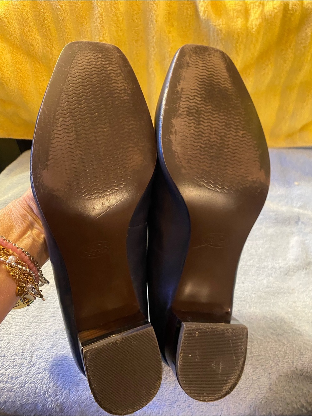Classic Navy Women's Leather Pumps - Sleek Square Toe Gold Heel Accent - Picture 5 of 6